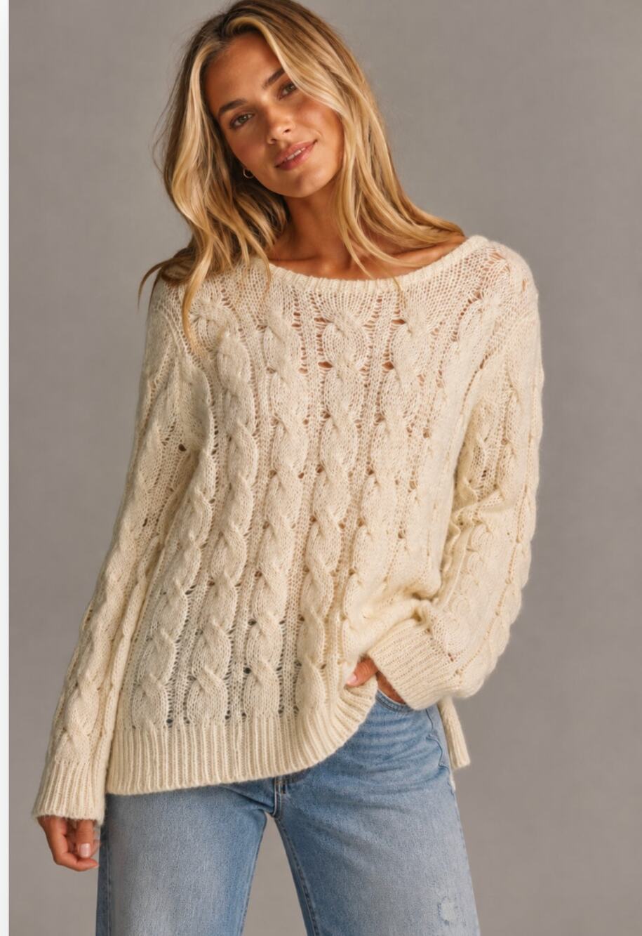 Wooden Ships Ivory Cable Knit Mohair Wool Blend Chunky Sweater M/L